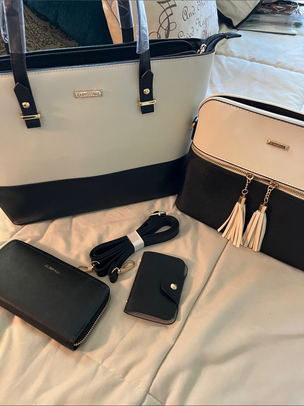 All NEW 4 Piece Purse SET Black/Ivory Faux Leather Tote, Shoulder Bag Bundle - Picture 11 of 13